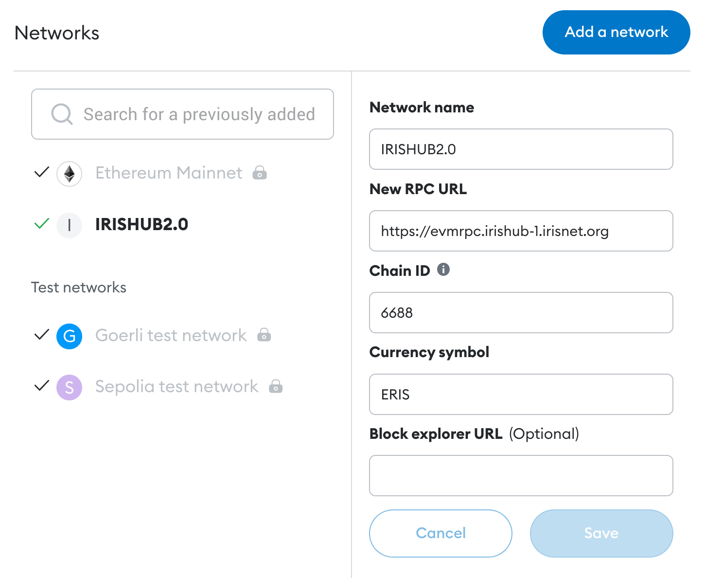Metamask Network Config